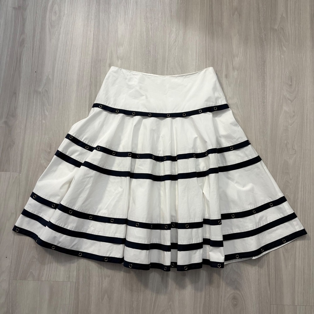 Cache Skirt Women White Navy Stripe A-Line Midi Skirt Cotton Size 10